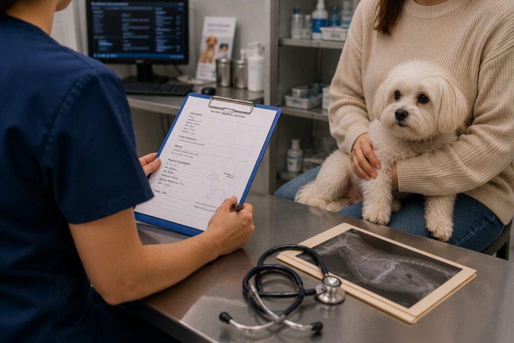 Veterinarian reviewing pet medical records with owner