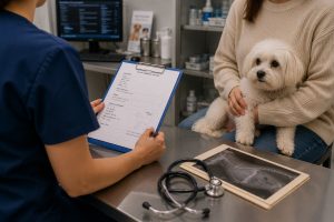 Veterinarian reviewing pet medical records with owner