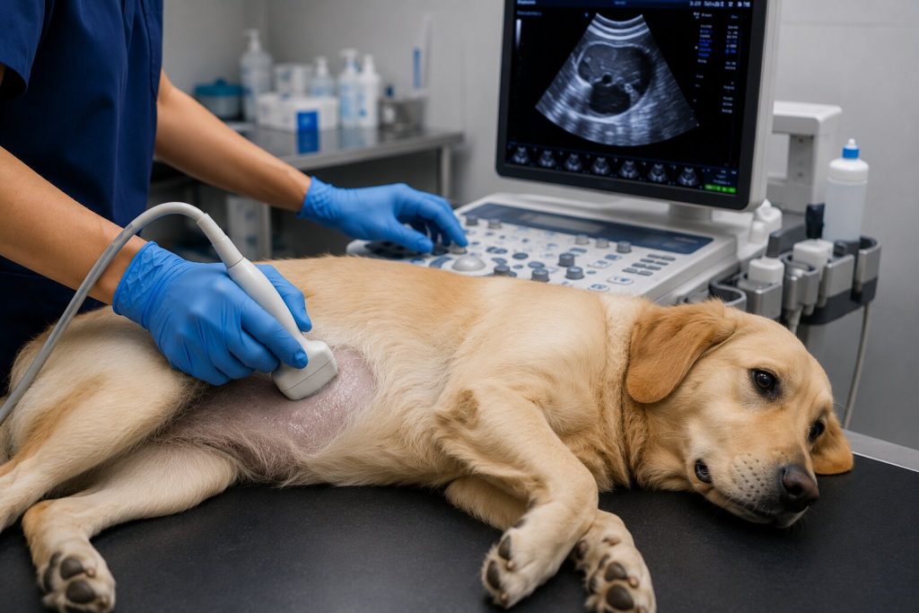 Dog being examined after swallowing a foreign object