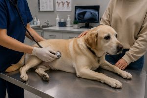 Veterinarian examining an adult female dog with owner present.