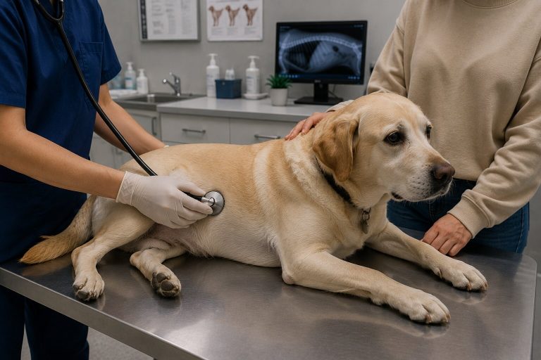 Veterinarian examining an adult female dog with owner present.