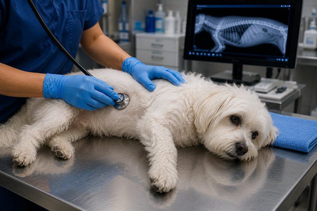 Veterinarian performing abdominal ultrasound on a dog