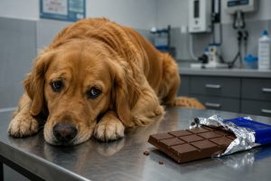 Dog being examined by veterinarian after eating chocolate